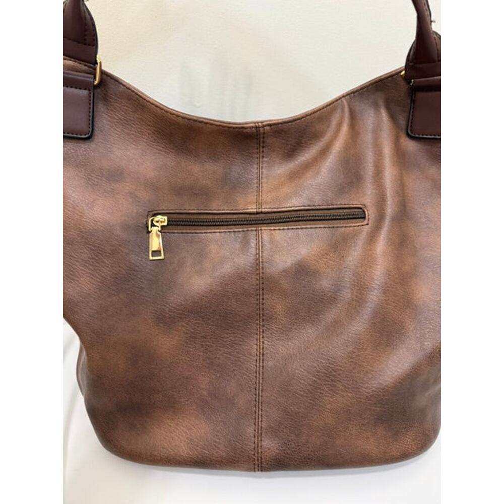 Vegan Leather Bucket Tote Crossbody Bag Brown Gold Hardware - Picture 8 of 8